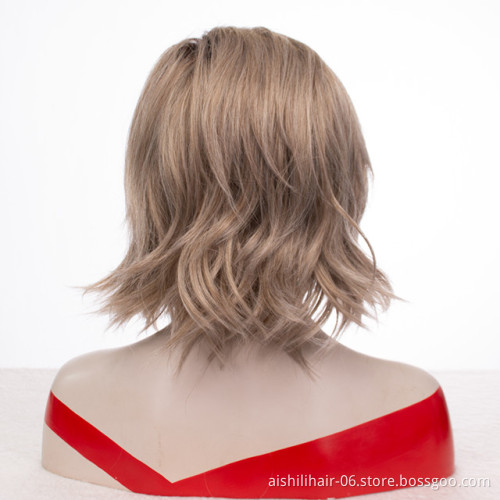 Wholesale heat resistant stort natural straight ombre light brown color  wig 8 inch synthetic hair wig for women